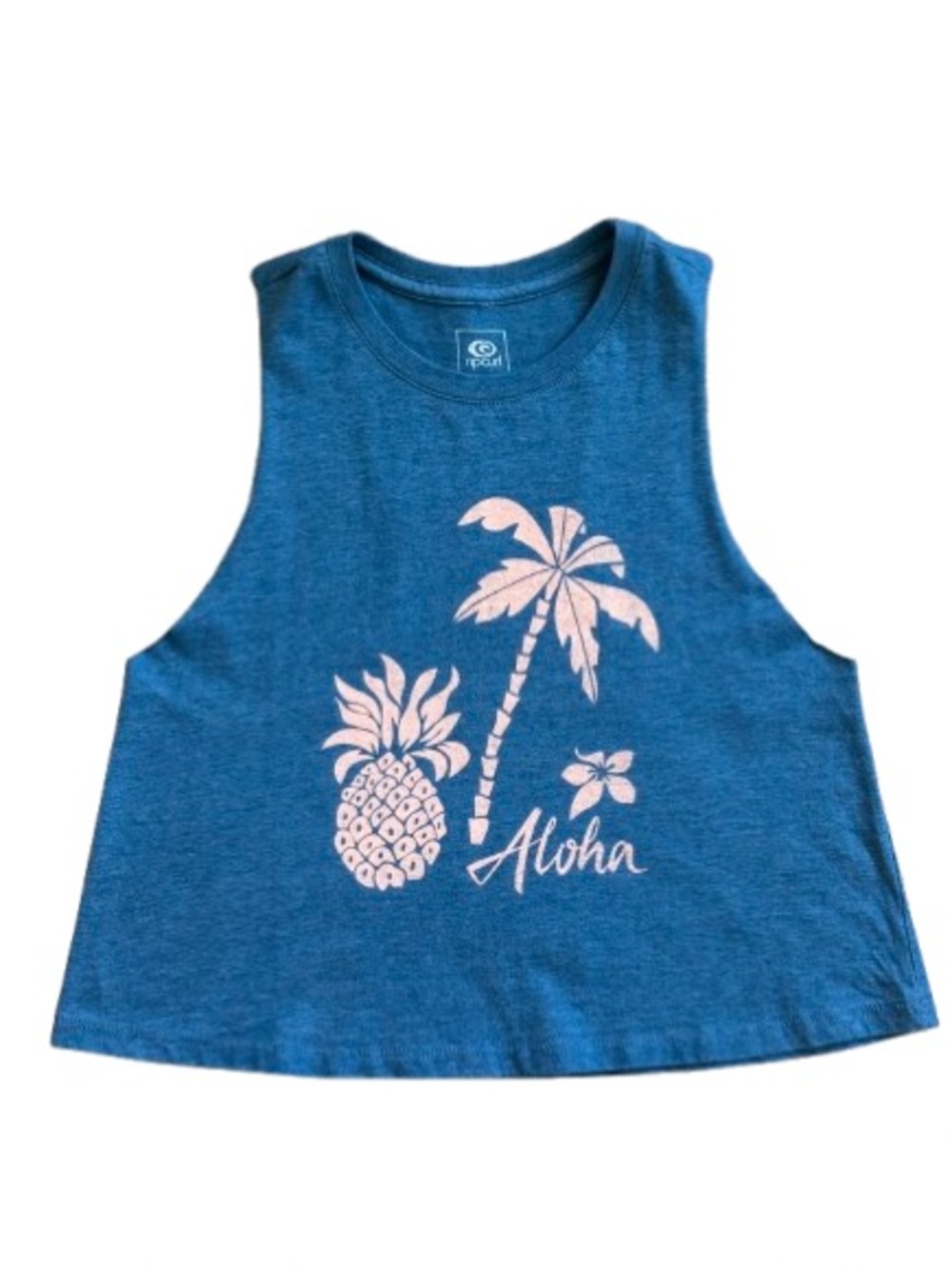 Rip Curl Blue Tank Top with Pink Tropical Aloha Pineapple Palm Graphic Size M